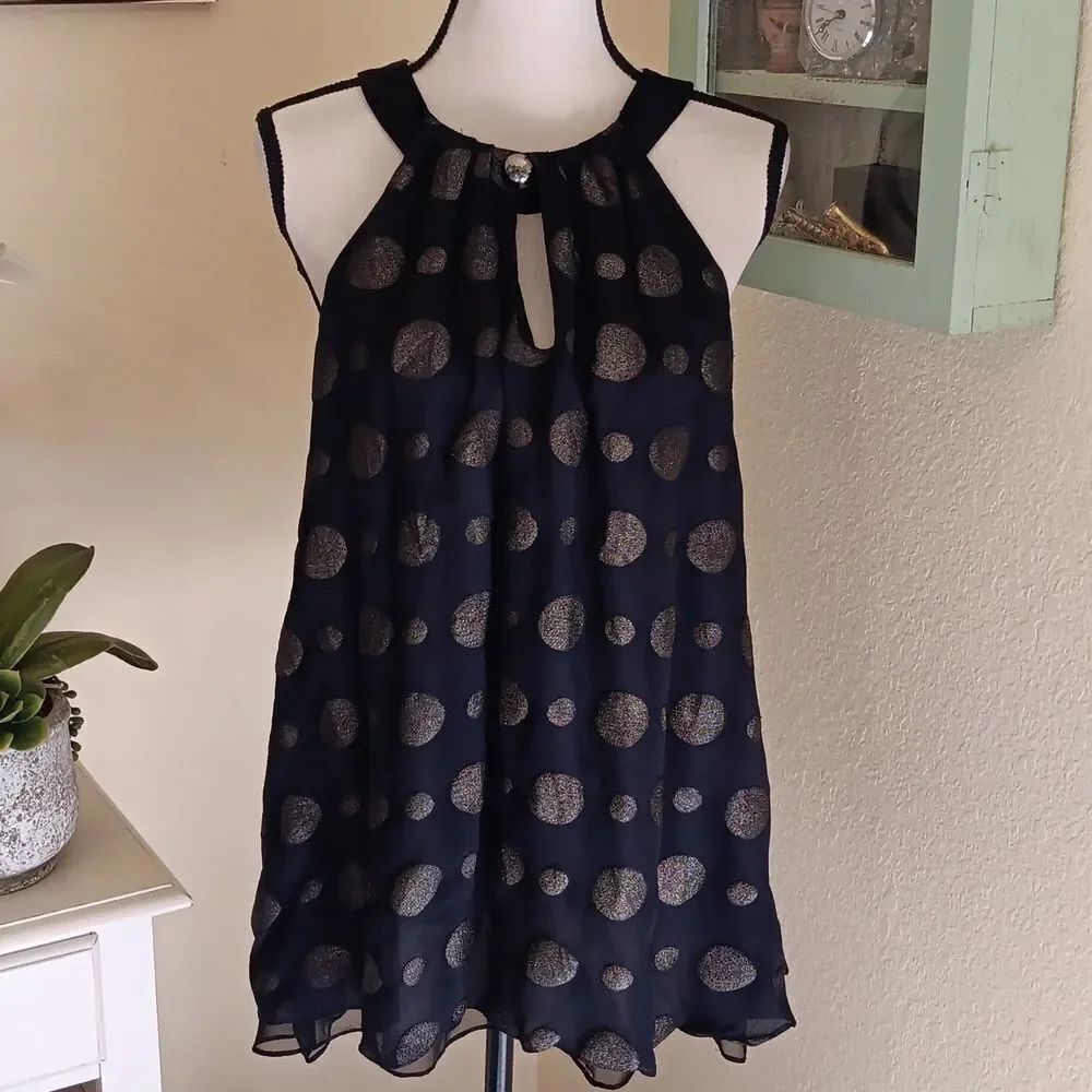Vintage. Nanette Lepore Black Silk With Gold Polka Dot Blouse. Dark Summer
